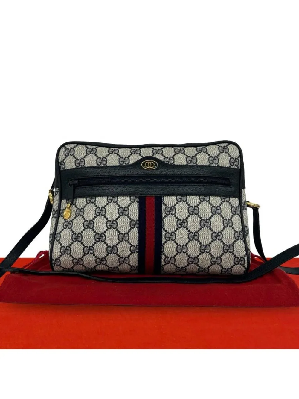 Gucci Vintage Sherry Line GG Logo Leather Shoulder Bag Navy